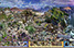 A 36' photocomposite illustration of California landscapes and plants from the ocean to the mountains, day to night. Embeded in the landscape ar